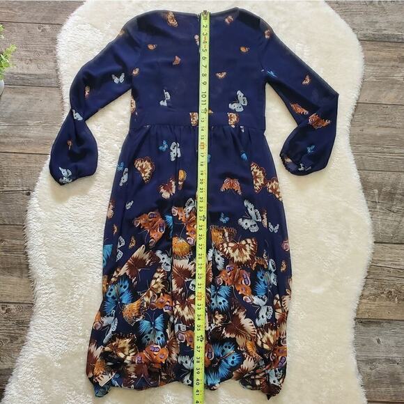 Anthropologie Gyalwana Blue Butterfly Print Flowy Midi Dress, Size 11 - Picture 6 of 10